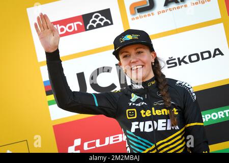 Dutch Fleur Nagengast pictured on the podium after the women's elite race of the 'Cyclocross Gavere' cyclocross cycling event, the fourth stage of the Superprestige competition, Sunday 11 November 2018 in Gavere. BELGA PHOTO DAVID STOCKMAN Stock Photo