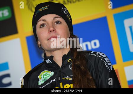 Dutch Fleur Nagengast pictured on the podium after the women's elite race of the cyclocross cycling event in Koksijde, Sunday 25 November 2018, stage 5/9 of the 'World Cup' competition. BELGA PHOTO DAVID STOCKMAN Stock Photo