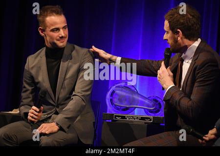 Winner Victor Campenaerts and British Bradley Wiggins pictured during the 27th edition of the 'Kristallen Fiets 2018' (Crystal Bike - Velo de Cristal) award ceremony for the best cyclist of the 2018 season, organized by Flemish newspaper Het Laatste Nieuws, Wednesday 05 December 2018, in Vilvoorde. BELGA PHOTO DAVID STOCKMAN Stock Photo