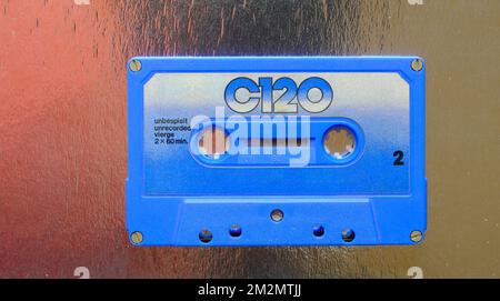 Old cassette tape form the seventies on grungy background,flat lay, copy space Stock Photo
