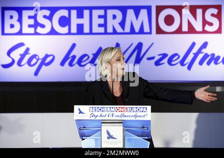 French Marine Le Pen delivers a speech at an event regarding the global compact for migration organised by Flemish far-right party Vlaams Belang at the Flemish Parliament in Brussels, Saturday 08 December 2018. BELGA PHOTO NICOLAS MAETERLINCK Stock Photo