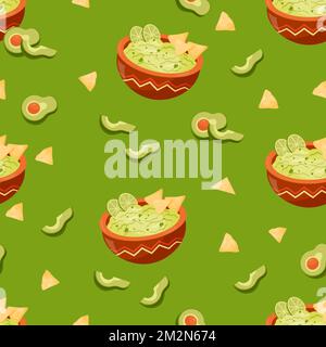 Seamless pattern with Mexican Guacamole sauce with lime on green background with nachos and avocado. Vector illustration. Cute vegan endless Stock Vector
