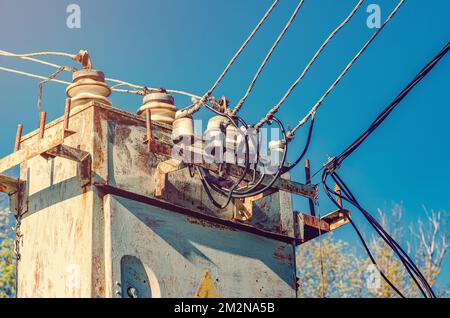 Old three phase power transformer. In Ukraine Stock Photo