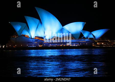 Sydney, Australia. 14th December 2022. Sydney Opera House was illuminated in blue to pay tribute to the two police officers Constable Matthew Arnold and Constable Rachel McCrow were shot dead in the line of duty at Wieambilla in the Western Downs on Tuesday. Credit: Richard Milnes/Alamy Live News Stock Photo