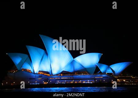 Sydney, Australia. 14th December 2022. Sydney Opera House was illuminated in blue to pay tribute to the two police officers Constable Matthew Arnold and Constable Rachel McCrow were shot dead in the line of duty at Wieambilla in the Western Downs on Tuesday. Credit: Richard Milnes/Alamy Live News Stock Photo