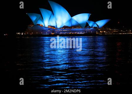 Sydney, Australia. 14th December 2022. Sydney Opera House was illuminated in blue to pay tribute to the two police officers Constable Matthew Arnold and Constable Rachel McCrow were shot dead in the line of duty at Wieambilla in the Western Downs on Tuesday. Credit: Richard Milnes/Alamy Live News Stock Photo