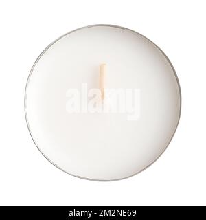 Maxi tealight, longer-burning tea light, a large tea candle, also known as nightlight. Tea lite, t-lite or t-candle in thin metal cup. Stock Photo