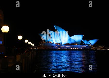 Sydney, Australia. 14th December 2022. Sydney Opera House was illuminated in blue to pay tribute to the two police officers Constable Matthew Arnold and Constable Rachel McCrow were shot dead in the line of duty at Wieambilla in the Western Downs on Tuesday. Credit: Richard Milnes/Alamy Live News Stock Photo