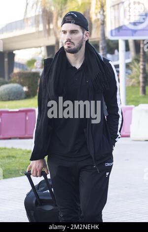 ATTENTION EDITORS - CAPTION CORRECTION: Correcting name from Dorian Dessoleil to Dorian Dervite - Correct version: Charleroi's Dorian Dervite arrives at the airport on the first day of the winter training camp of Belgian first division soccer team Sporting Charleroi, in Valencia, Spain, Saturday 05 January 2019. BELGA PHOTO LAURIE DIEFFEMBACQ Stock Photo