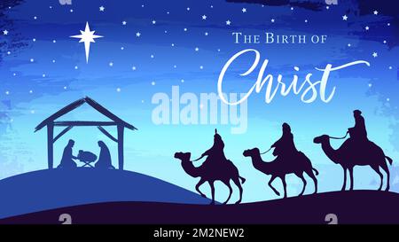 Nativity scene with Bethlehem star, Jesus in manger and wise men. Holy family with The birth of Christ calligraphy. Vector illustration Mary, Joseph Stock Vector