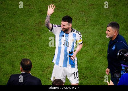 Lusail, Qatar. 14th Dec, 2022. Lusail Stadium Lionel Messi of Argentina celebrates after winning 3-0 in the match between Argentina and Croatia, valid for the semifinal of the World Cup, held at the National Stadium in Lusail, Qatar. (Marcio Machado/SPP) Credit: SPP Sport Press Photo. /Alamy Live News Stock Photo