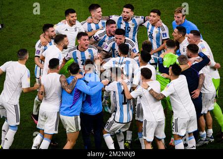 Lusail, Qatar. 14th Dec, 2022. Lusail Stadium The Argentine team celebrates after winning 3-0 in the match between Argentina and Croatia, valid for the World Cup semifinal, held at the National Stadium in Lusail, Qatar. (Marcio Machado/SPP) Credit: SPP Sport Press Photo. /Alamy Live News Stock Photo