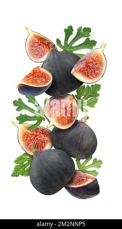 Flying half, piece and whole figs isolated on white background, clipping path, full depth of field. Focus stacking. Levitation collage concept Stock Photo