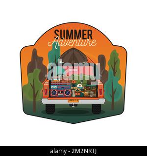 Camping badge design with camper car and hiking equipment-axe, tape recorder, woods and quote-summer adventure. Travel logo graphics. Stock vector Stock Vector