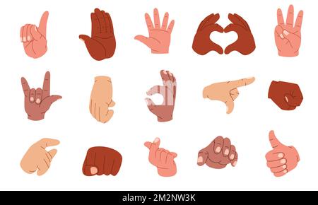 Cartoon human hands. Gestures with pointing fingers clenched fists okay sign handshake forefinger touch, body language expression. Vector flat set Stock Vector