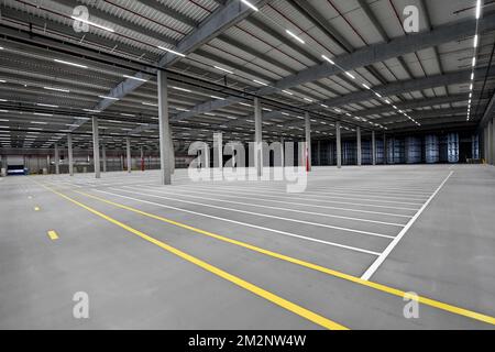 Illustration picture shows an empty warehouse, at the opening of a new distribution center of discount supermarket chain Aldi in Turnhout, Tuesday 15 January 2019. BELGA PHOTO DIRK WAEM Stock Photo
