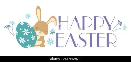 Happy Easter Vector Colorful Symbol Logo With A Cartoonish Easter Bunny And An Egg Isolated On A White Background. Stock Vector