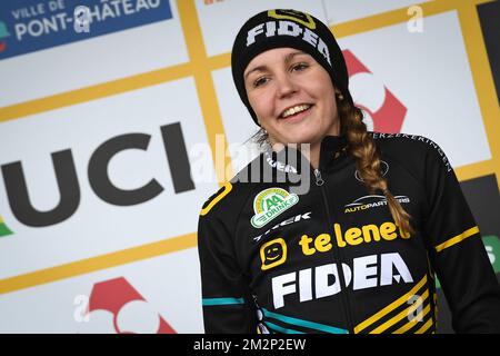 Dutch Fleur Nagengast pictured on the podium after the Women U23 race of the eighth stage (out of nine) in the World Cup cyclocross, Sunday 20 January 2019 in Pont-Chateau, France. BELGA PHOTO DAVID STOCKMAN Stock Photo