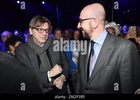European parliament member Guy Verhofstadt and Belgian Prime Minister Charles Michel pictured during a new year's reception of Flemish liberal party Open Vld, in Brussels, Monday 21 January 2019. BELGA PHOTO DIRK WAEM  Stock Photo
