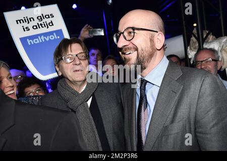 European parliament member Guy Verhofstadt and Belgian Prime Minister Charles Michel pictured during a new year's reception of Flemish liberal party Open Vld, in Brussels, Monday 21 January 2019. BELGA PHOTO DIRK WAEM  Stock Photo