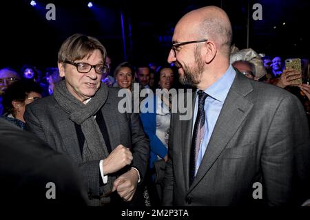 European parliament member Guy Verhofstadt and Belgian Prime Minister Charles Michel pictured during a new year's reception of Flemish liberal party Open Vld, in Brussels, Monday 21 January 2019. BELGA PHOTO DIRK WAEM Stock Photo