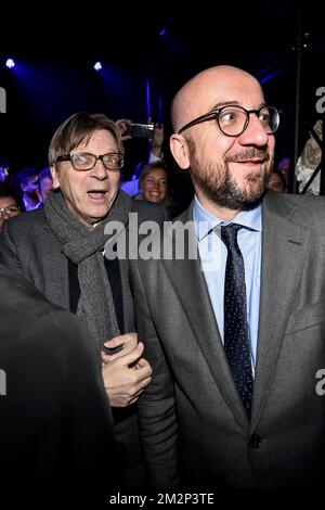 European parliament member Guy Verhofstadt and Belgian Prime Minister Charles Michel pictured during a new year's reception of Flemish liberal party Open Vld, in Brussels, Monday 21 January 2019. BELGA PHOTO DIRK WAEM Stock Photo