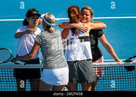 Mary Joe Fernandez (2nd R), Na Li (L), Nicole Bradtke (2nd L), Kim Clijsters (R) pictured at the end of at a first round of the Women's Legends Doubles tournement between Belgian Kim Clijsters and Chinese Na Li and Australian Nicole Bradtke and US Mary Joe Fernandez, at the 'Australian Open' tennis Grand Slam, Wednesday 23 January 2019 in Melbourne Park, Melbourne, Australia. The Pair Clijsters-Li won the game. BELGA PHOTO PATRICK HAMILTON  Stock Photo