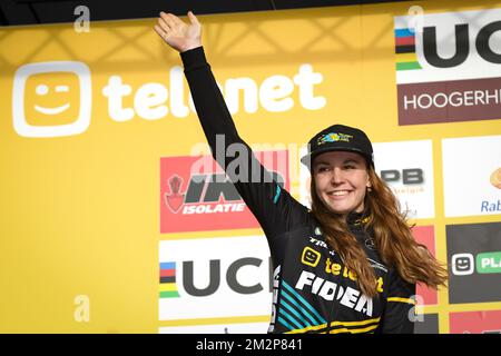 Dutch Fleur Nagengast pictured on the podium after the women elite race of the World Cup cyclocross in Hoogerheide, the Netherlands, 9th and last stage of the UCI World Cup competition, Sunday 27 January 2019. BELGA PHOTO DAVID STOCKMAN Stock Photo