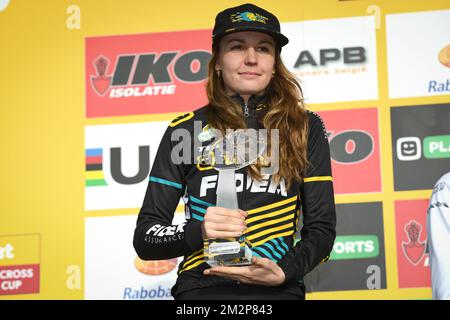 Dutch Fleur Nagengast pictured on the podium after the women elite race of the World Cup cyclocross in Hoogerheide, the Netherlands, 9th and last stage of the UCI World Cup competition, Sunday 27 January 2019. BELGA PHOTO DAVID STOCKMAN Stock Photo