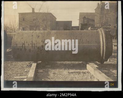 Electrolysis, 48-inch pipe pitted by electrolysis, removed from Boylston Street, Cambridge, Mass., Nov. 1910 , waterworks, pipes conduits, construction sites, electrolysis Stock Photo