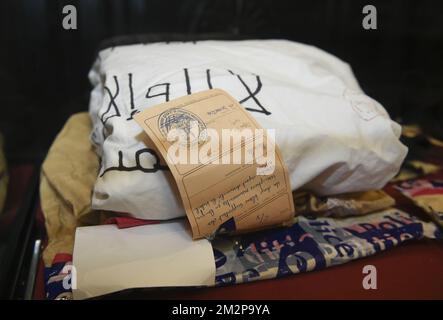 Pieces of evidence are displayed during a session in the trial regarding the terrorist attack at the Jewish Museum in Brussels, at the Brussels Justice Palace, in Brussels, Thursday 31 January 2019. Nemmouche and Bendrer are accused of committing a terrorist attack on 24 May 2014 at the Brussels Jewish Museum, killing four people. BELGA PHOTO POOL JOHN THYS  Stock Photo