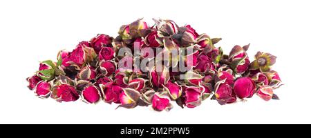 Heap of dry tea roses buds isolated on white background. Rose flower tea. Phnom Penh rose tea. Clipping path Stock Photo