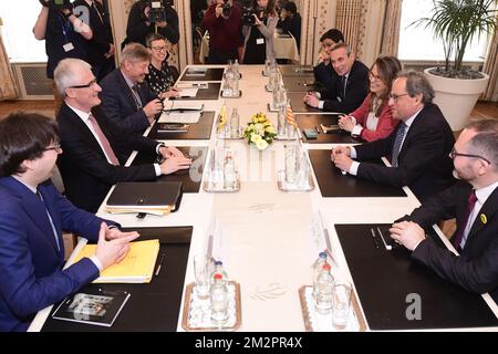 Flemish Minister-President Geert Bourgeois and Catalan Minister-President Quim Torra pictured during a meeting between Flemish Minister-President Bourgeois with his Catalan counterpart Quim Torra, in Brussels, Monday 18 February 2019. BELGA PHOTO LAURIE DIEFFEMBACQ  Stock Photo