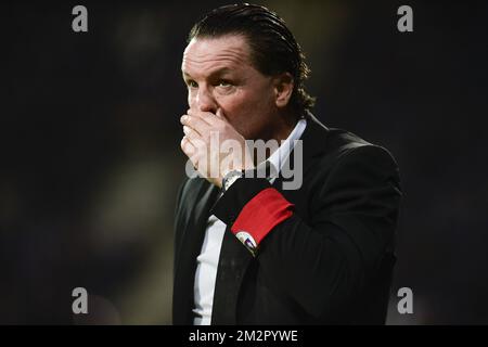 Beerschot's head coach Stijn Vreven looks dejected during a soccer game between Beerschot Wilrijk and KSV Roeselare, Saturday 23 February 2019, on the 27th day of the 'Proximus League' 1B division of the Belgian soccer championship. BELGA PHOTO LAURIE DIEFFEMBACQ Stock Photo