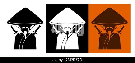 Silhouette of Japanese samurai with beard in national straw hat. Ancient warrior in traditional dress with swords behind his back. Cartoon character. Stock Vector