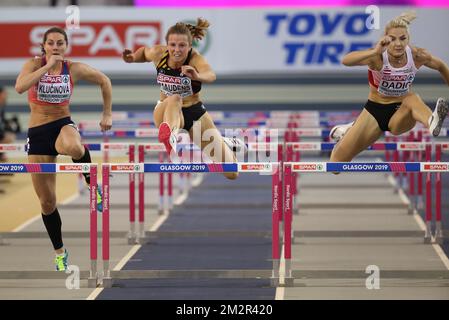 Czech Eliska Klucinova, Belgian Hanne Maudens and Austrian Ivona Dadic pictured in action at the 60m hurdles race of the women's pentathlon competition on the first day of the European Athletics Indoor Championships, in Glasgow, Scotland, Friday 01 March 2019. The championships take place from 1 to 3 March. BELGA PHOTO BENOIT DOPPAGNE  Stock Photo