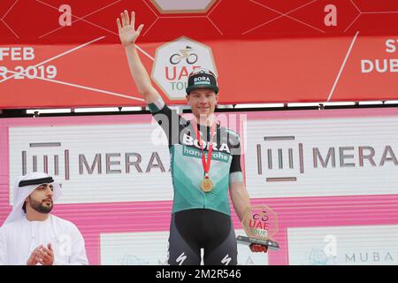 Irish Sam Bennett of Bora-Hansgrohe celebrates on the podium after winning the final stage of the 'UAE Tour' 2019 cycling race, 145 km from Dubai Safari Park to City Walk, United Arab Emirates, Saturday 02 March 2019. This year's edition is taking place from 24 February to 2 March. BELGA PHOTO YUZURU SUNADA FRANCE OUT Stock Photo