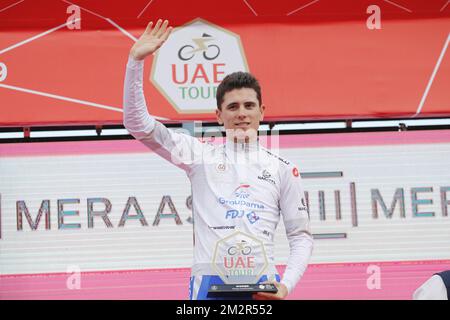 French David Gaudu of Groupama-FDJ, winner of the Best Young Rider Classification, pictured on the podium after the final stage of the 'UAE Tour' 2019 cycling race, 145 km from Dubai Safari Park to City Walk, United Arab Emirates, Saturday 02 March 2019. This year's edition is taking place from 24 February to 2 March. BELGA PHOTO YUZURU SUNADA FRANCE OUT Stock Photo