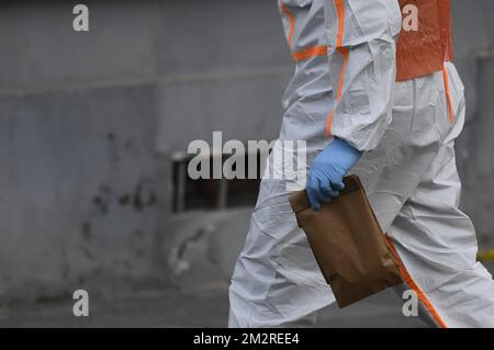 Illustration shows a large security perimeter with police and forensics on the site of an explosion in the Depretstraat in Antwerp, early in the morning of Monday 18 March 2019. The reason of the cause of the esplosion is not knows yet. BELGA PHOTO DIRK WAEM  Stock Photo