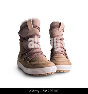 Fashion brown leather boots with laces for street style isolated on white background Stock Photo