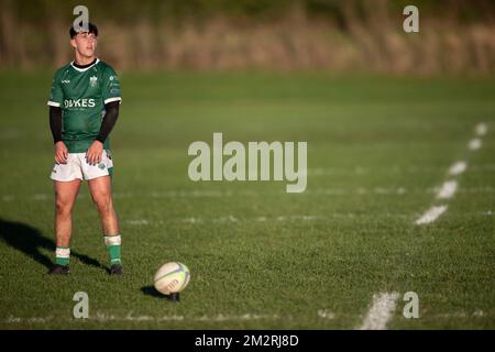 Rugby player lining up goal conversion kick Stock Photo