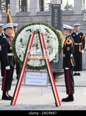 Illustration picture shows belgian monument taken during a Commemoration ceremony at the War Memorial of Korea and a visit of the Belgian Monument on the second day of a State Visit in Seoul, South Korea, Tuesday 26 March 2019. The Belgian Royal couple is on a four days state visit to South Korea. BELGA PHOTO BENOIT DOPPAGNE Stock Photo