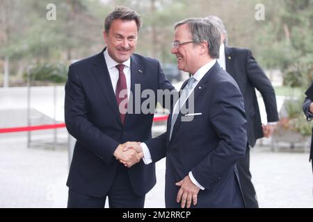 Prime Minister of Luxembourg Xavier Bettel and North Rhine-Westphalia Minister-President Armin Laschet pictured during a summit of the Benelux countries Luxembourg, The Netherlands and Belgium, Tuesday 02 April 2019, in Luxembourg. BELGA PHOTO BRUNO FAHY Stock Photo