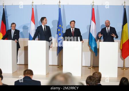 North Rhine-Westphalia Minister-President Armin Laschet, Prime Minister of the Netherlands Mark Rutte, Prime Minister of Luxembourg Xavier Bettel and Belgian Prime Minister Charles Michel pictured during a press conference after a summit of the Benelux countries Luxembourg, The Netherlands and Belgium, Tuesday 02 April 2019, in Luxembourg. BELGA PHOTO BRUNO FAHY Stock Photo