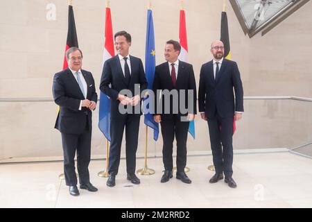 North Rhine-Westphalia Minister-President Armin Laschet, Prime Minister of the Netherlands Mark Rutte, Prime Minister of Luxembourg Xavier Bettel and Belgian Prime Minister Charles Michel pictured during a summit of the Benelux countries Luxembourg, The Netherlands and Belgium, Tuesday 02 April 2019, in Luxembourg. BELGA PHOTO BRUNO FAHY Stock Photo