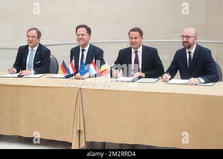 North Rhine-Westphalia Minister-President Armin Laschet, Prime Minister of the Netherlands Mark Rutte, Prime Minister of Luxembourg Xavier Bettel and Belgian Prime Minister Charles Michel pictured during a summit of the Benelux countries Luxembourg, The Netherlands and Belgium, Tuesday 02 April 2019, in Luxembourg. BELGA PHOTO BRUNO FAHY Stock Photo