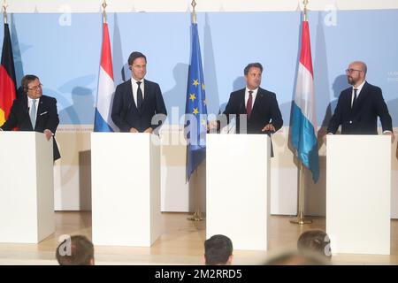 North Rhine-Westphalia Minister-President Armin Laschet, Prime Minister of the Netherlands Mark Rutte, Prime Minister of Luxembourg Xavier Bettel and Belgian Prime Minister Charles Michel pictured during a press conference after a summit of the Benelux countries Luxembourg, The Netherlands and Belgium, Tuesday 02 April 2019, in Luxembourg. BELGA PHOTO BRUNO FAHY Stock Photo