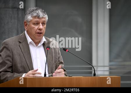 Flemish Minister of Welfare Jo Vandeurzen pictured during a plenary session of the Flemish Parliament in Brussels, Wednesday 03 April 2019. BELGA PHOTO DIRK WAEM Stock Photo