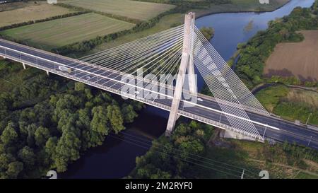 An aerial view of Mary McAleese Boyne Valley Bridge spans the Boyne River Stock Photo