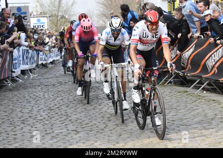 Slovakian Peter Sagan of Bora-Hansgrohe and a UAE Team Emirates rider pictured in action during the 103rd edition of the 'Ronde van Vlaanderen - Tour des Flandres - Tour of Flanders' one day cycling race, 270,1km from Antwerp to Oudenaarde, Sunday 07 April 2019. BELGA PHOTO DIRK WAEM  Stock Photo